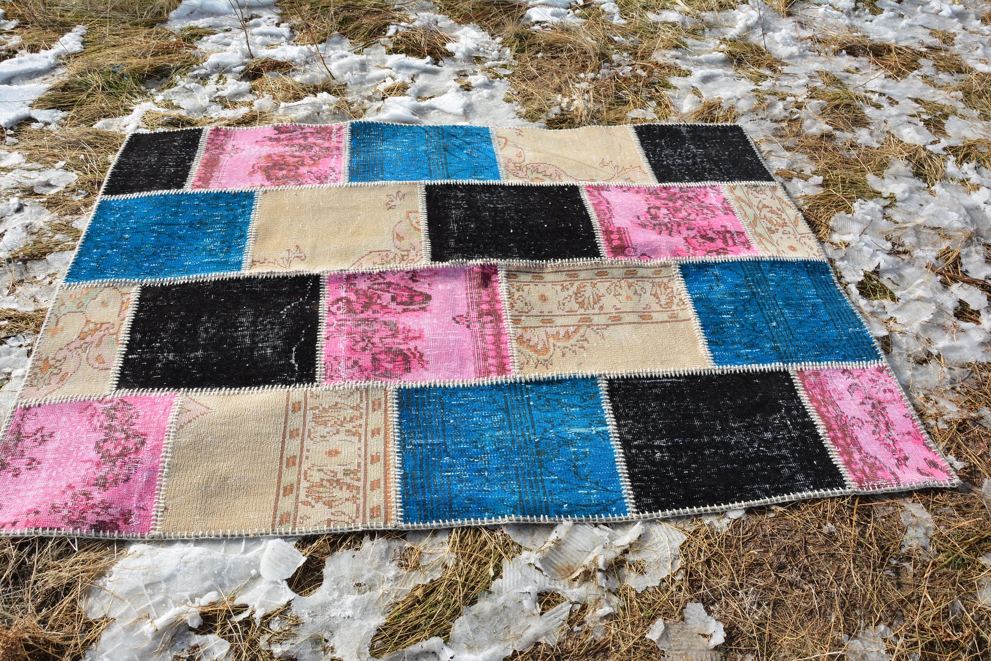 Oriental Patchwork Rug, Turkish Carpet, Floor Rug, Anatolian Rug, Rug Vintage Patchwork, Wool Rug, Decorative Rug,  7.2 x 5.2 Ft AG161
