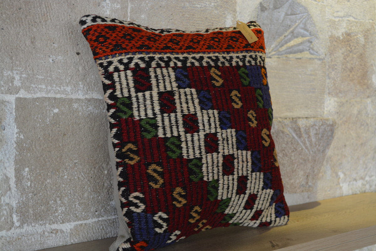 Kilim Sofa Pillow, Striped Kilim Pillow, 16x24 Kilim Pillows, Handmade Kilim Case, Hand Woven Kilim, Red Kilim Pillow,      16”x16” - EA111