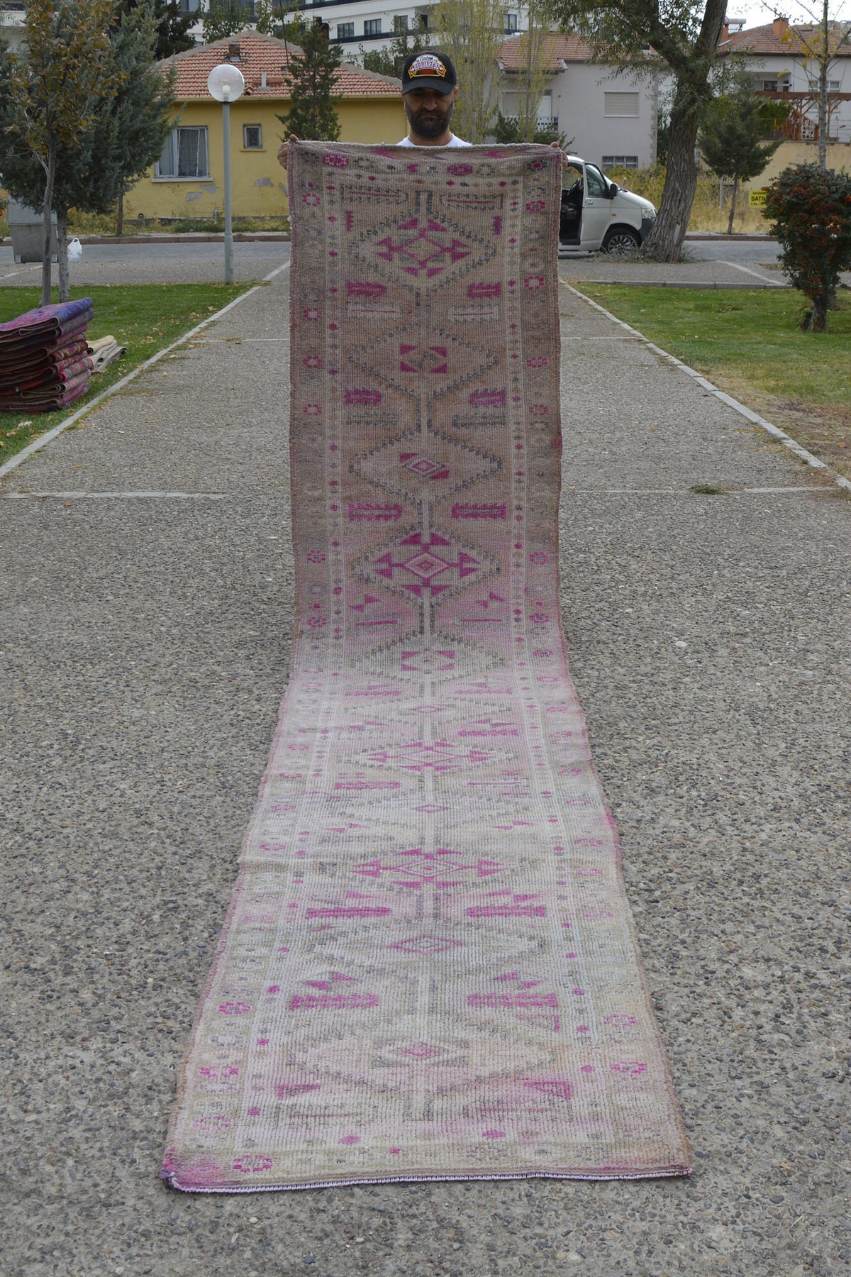 Pink Turkish Herki Runner Rug, 3x13 Vintage Runner Rug, Oushak Runner Rug, Oushak Rug, Oriental Turkish Rug,     13.1 x 2.6 Feet LQ414