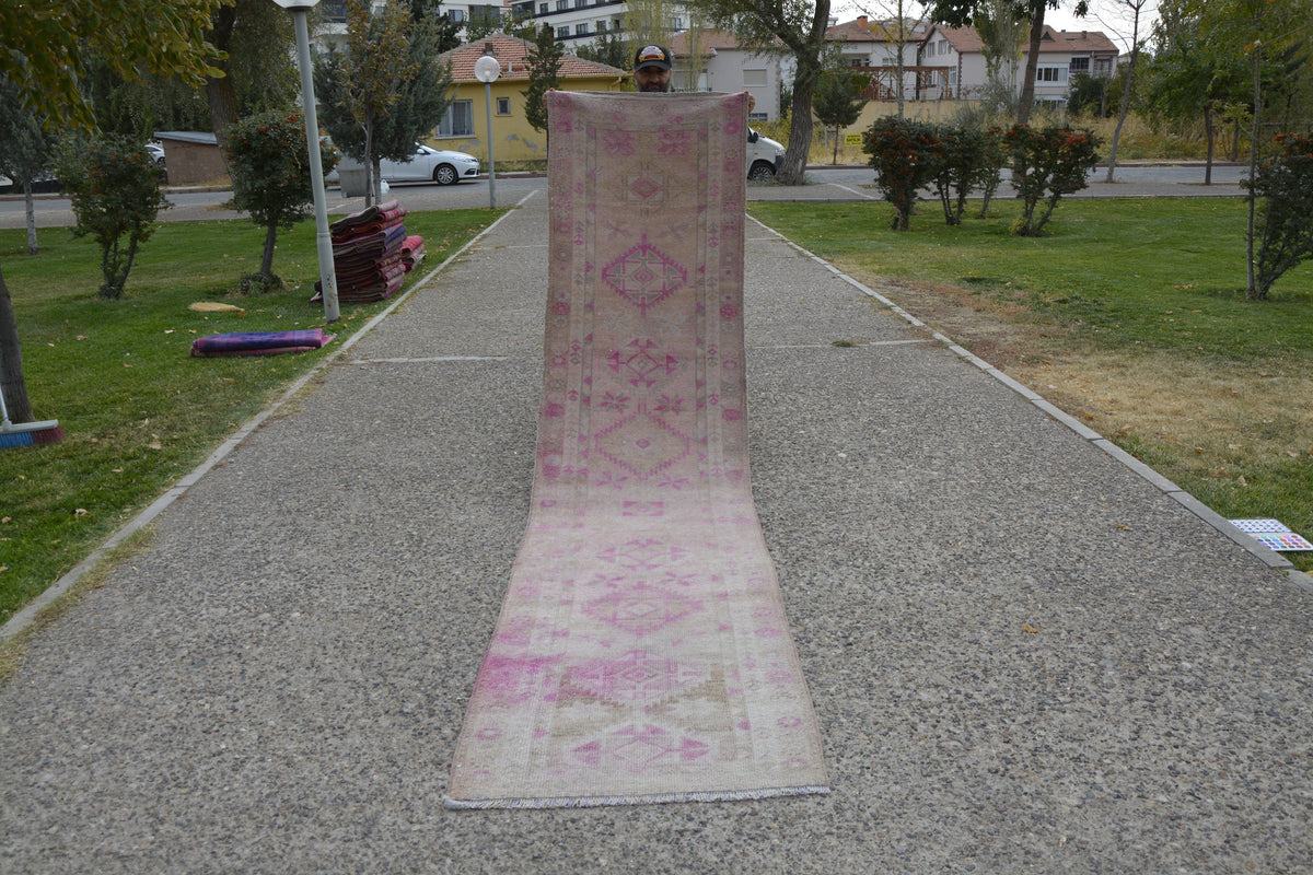Pink Kilim Runner Rug, Wall Décor,  Turkish Rug Runner, Oushak Rug  Large Runner Herki Rug,     12.5 x 2.8 Feet LQ428