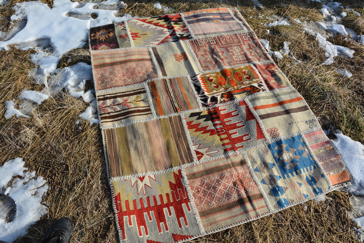 Turkish kilim patchwork, Kilim rug, Vintage rugs ,Anatolian Rug, Oushak Tribal Kilim Patchwork Turkish Pastel  Oriental 5.8 x 4.2 Feet AG128