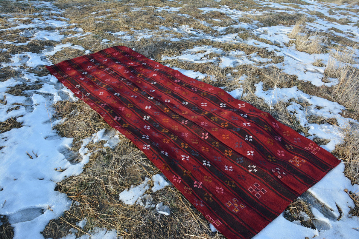 Red Turkish Kilim Rug, Handwoven Runner Rug, Modern Rug, Tribal Geometric Home Living, 11.1 x 3.9 Feet AG105