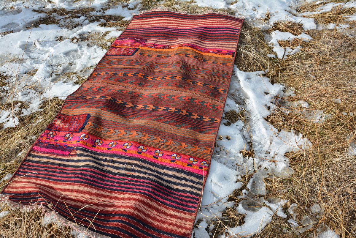 Natural wool rug, striped rug, fringed rug, entrance rug, red wool rugs, stone coloured rugs, tars baby rug, 7.2 x 3.2 Feet AG155