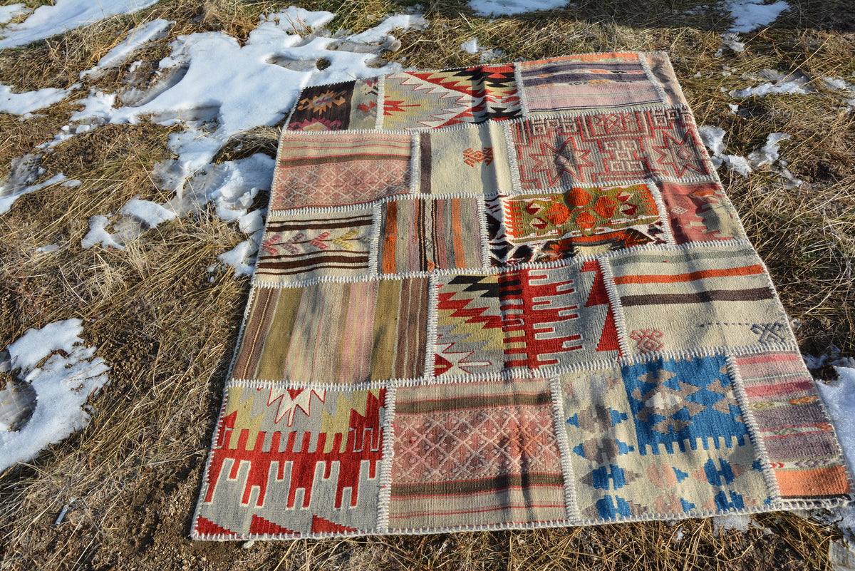 Turkish kilim patchwork, Kilim rug, Vintage rugs ,Anatolian Rug, Oushak Tribal Kilim Patchwork Turkish Pastel  Oriental 5.8 x 4.2 Feet AG128