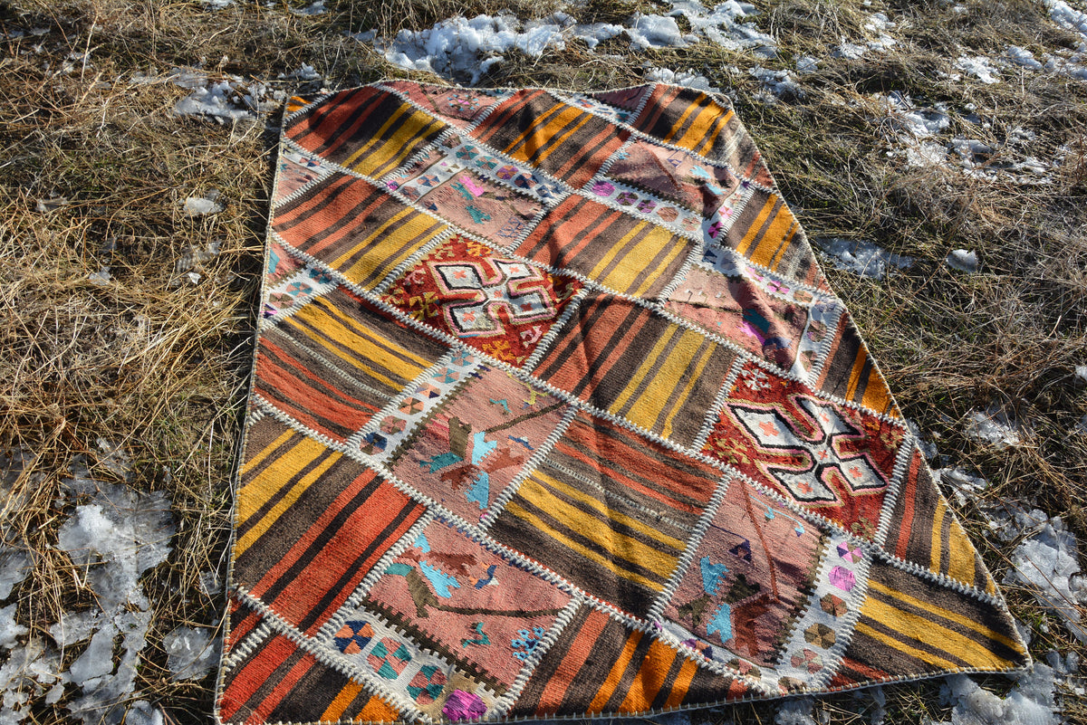 Patchwork kilim rug, patchwork rug, Turkish Rug, Vintage Rug, Oriental Rug, Oushak Rug, Morrocan Rug, Aztec kilim rug,  6.3 x 4.5 Feet AG122