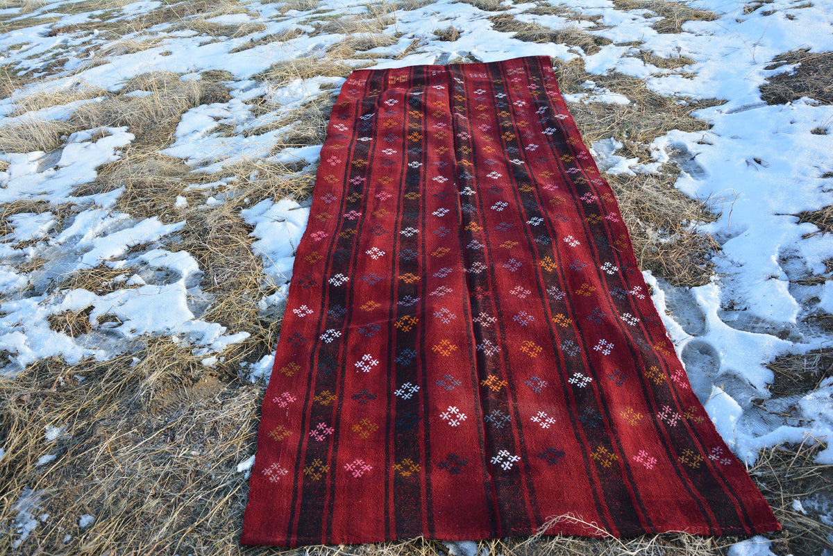 Red Turkish Kilim Rug, Handwoven Runner Rug, Modern Rug, Tribal Geometric Home Living, 11.1 x 3.9 Feet AG105