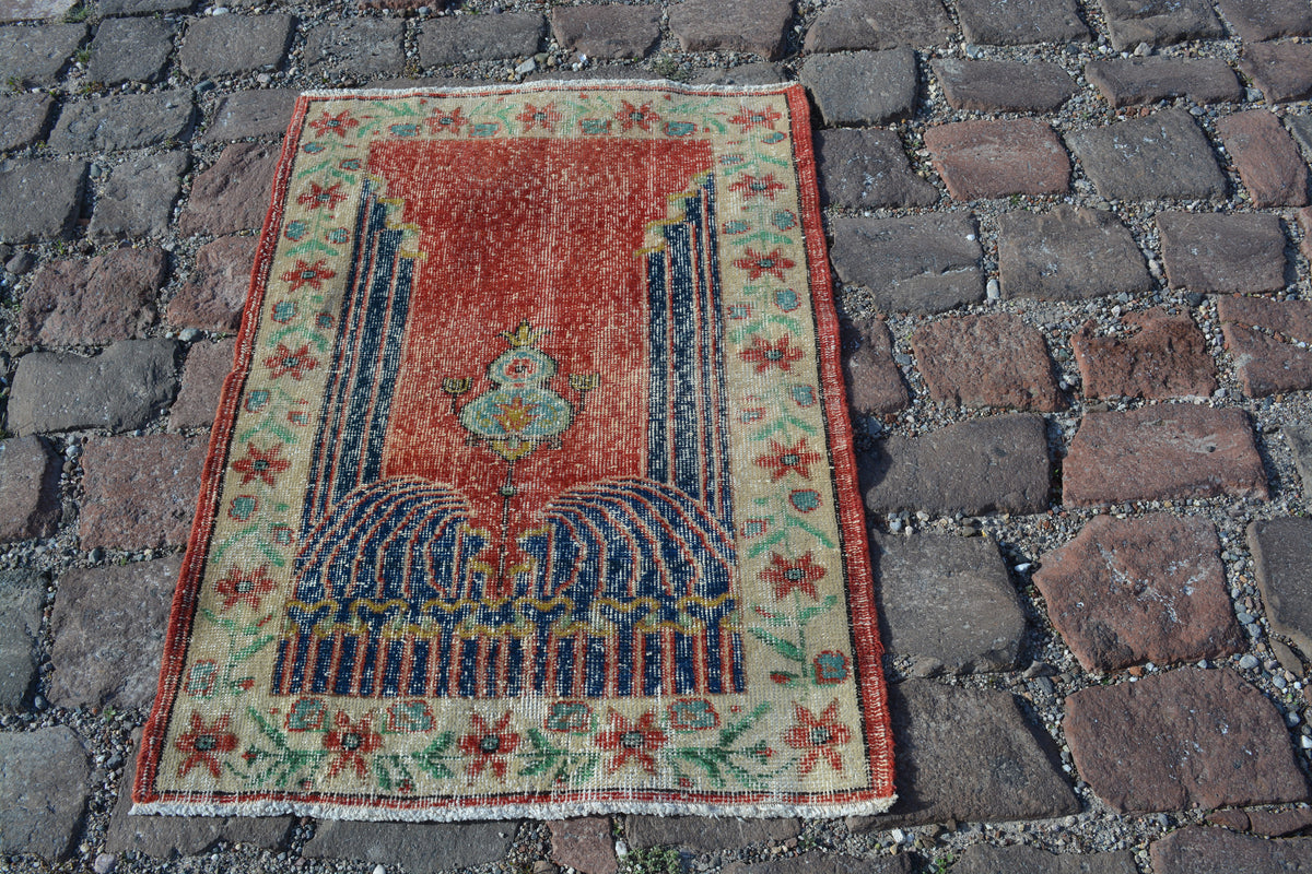 Turkish Yoga rug, Vintage Rug, rug 3x4, red and  blue rug, indigo rug, christmas rug, bathroom rug, natural wool rug,  2.6x3.8  Ft AG534