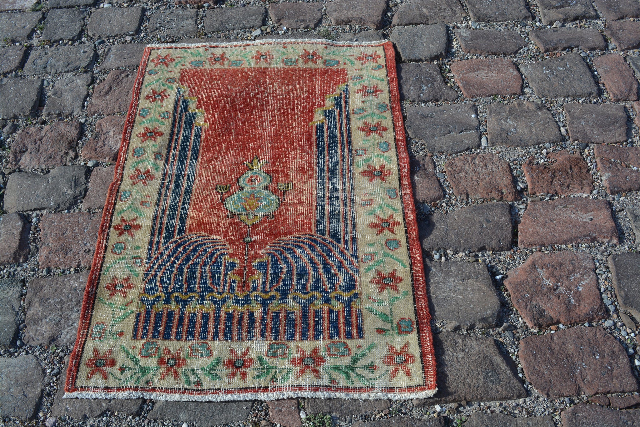 Turkish Yoga rug, Vintage Rug, rug 3x4, red and blue rug, indigo rug,  christmas rug, bathroom rug, natural wool rug, 2.6 x3.8 Ft AG534