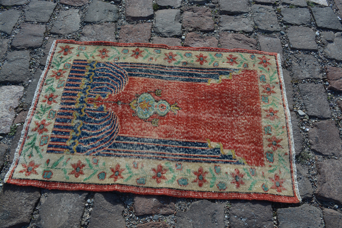 Turkish Yoga rug, Vintage Rug, rug 3x4, red and  blue rug, indigo rug, christmas rug, bathroom rug, natural wool rug,  2.6x3.8  Ft AG534