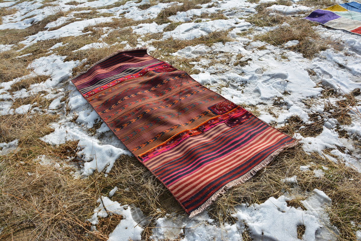Natural wool rug, striped rug, fringed rug, entrance rug, red wool rugs, stone coloured rugs, tars baby rug, 7.2 x 3.2 Feet AG155