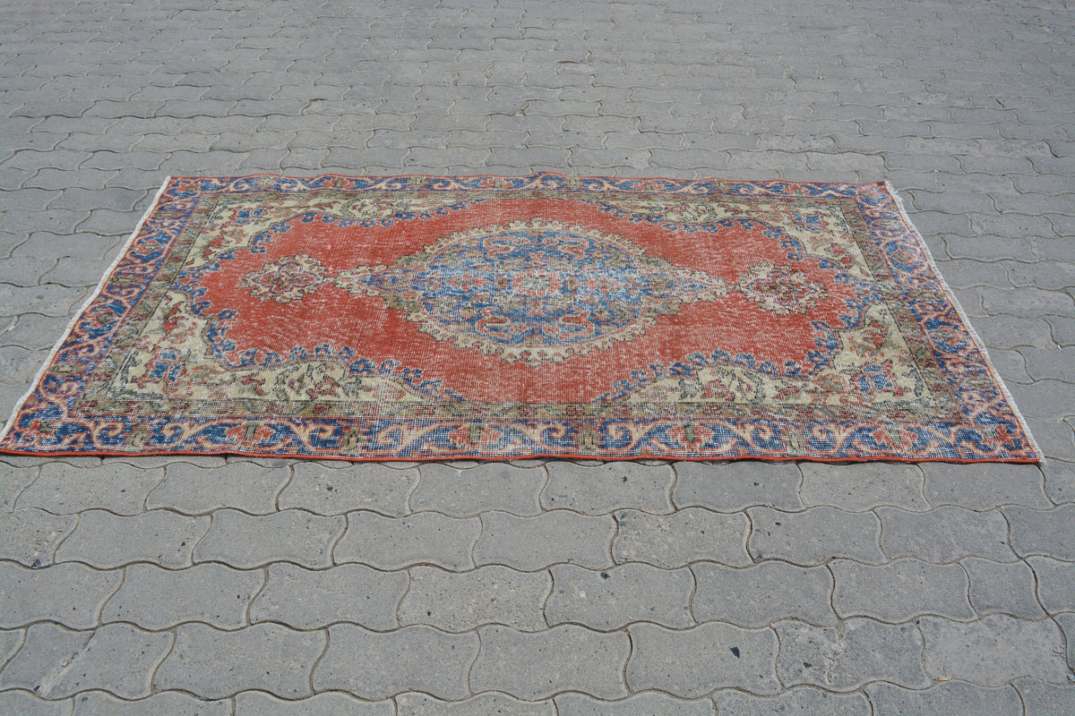 Mini Rug, 4 x 7 Feet Rugs, Turkish Wall Hanging, Handmade Rug Carpet, Red Blue Rug, Red Turkish Rug, Medallion  3x6 Rug, 3.5x6.3 Ft AG657
