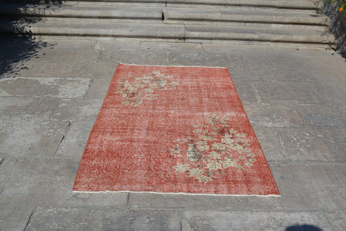 Vintage Rug, Oriental Rug, Floral Boho Rug,  Hand Knotted Red Rug, Tapestry  Turkish Rustic Rug, 3.5X6.6 Ft AG717