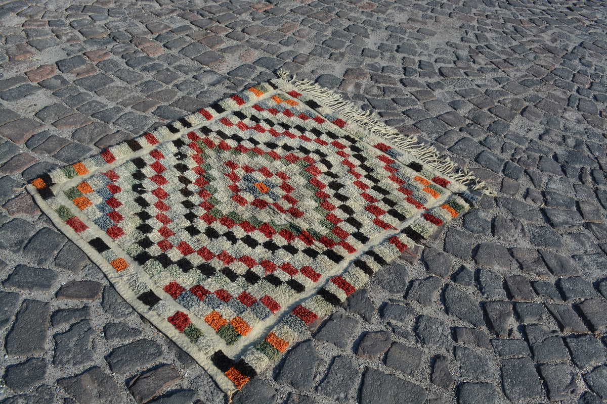 Office Area Rug, Area Rug 4x5, Ethnic Rugs, Multicolor Rug, Welcome Mat, Coral Area Rug, Soft Wool Geometric Pattern,  3.9X4.5 Ft AG796
