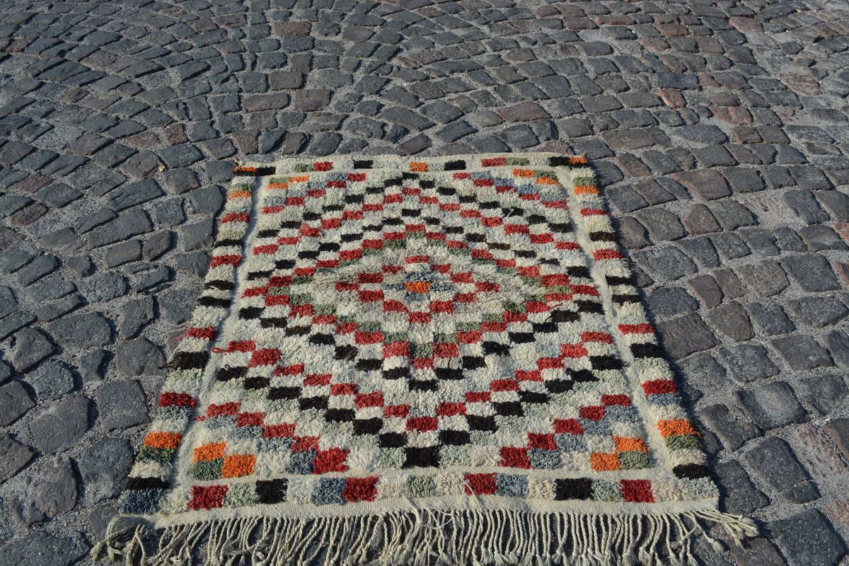 Office Area Rug, Area Rug 4x5, Ethnic Rugs, Multicolor Rug, Welcome Mat, Coral Area Rug, Soft Wool Geometric Pattern,  3.9X4.5 Ft AG796
