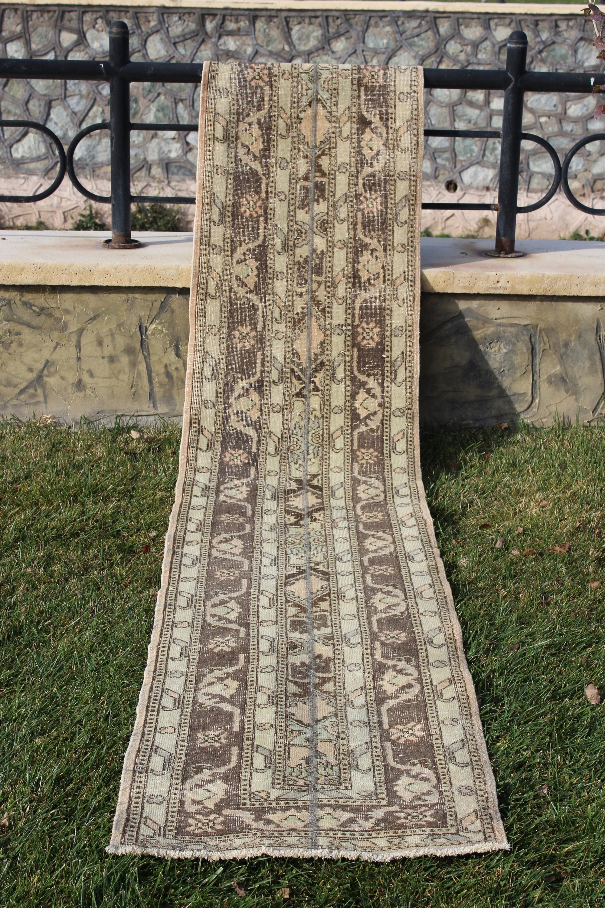 Oriental Rug, Turkish Floor Handmade Oushak Rugs, Anatolian Runner Boho Decorative Rug, 2.2X12.6 Feet  AG876