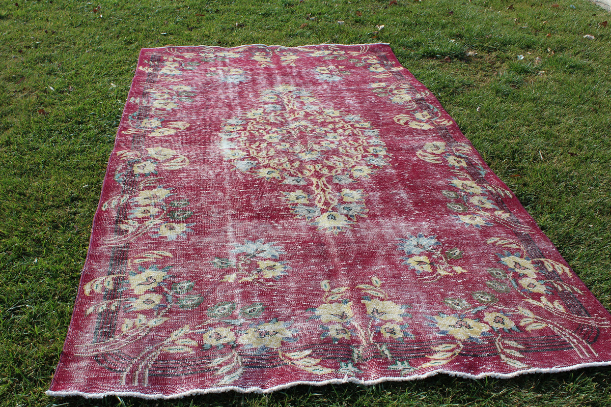 Turkey Rug, Red Large Area Vintage Pile Rug,  Ethnic 6x10 Oushak Faded Oushak Rug,  5.5 x 10  Feet AG953
