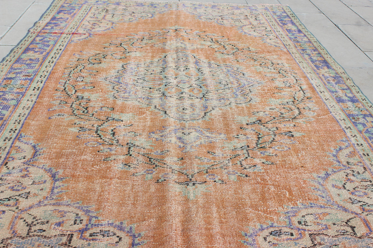 Turkey Rug, Oushak Vintage  Moroccan Style Turkish  Rug, Carpet Blue Antique Turkish Kilim Rug, 6.6X10.2 Feet  AG875