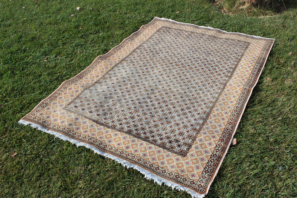 Vintage Rug, Turkish  Oriental Ethnic Muted Color Anatolian Rugs, Brown Oushak Living Room Rug, 4.3 x 6.6 Feet  AG903