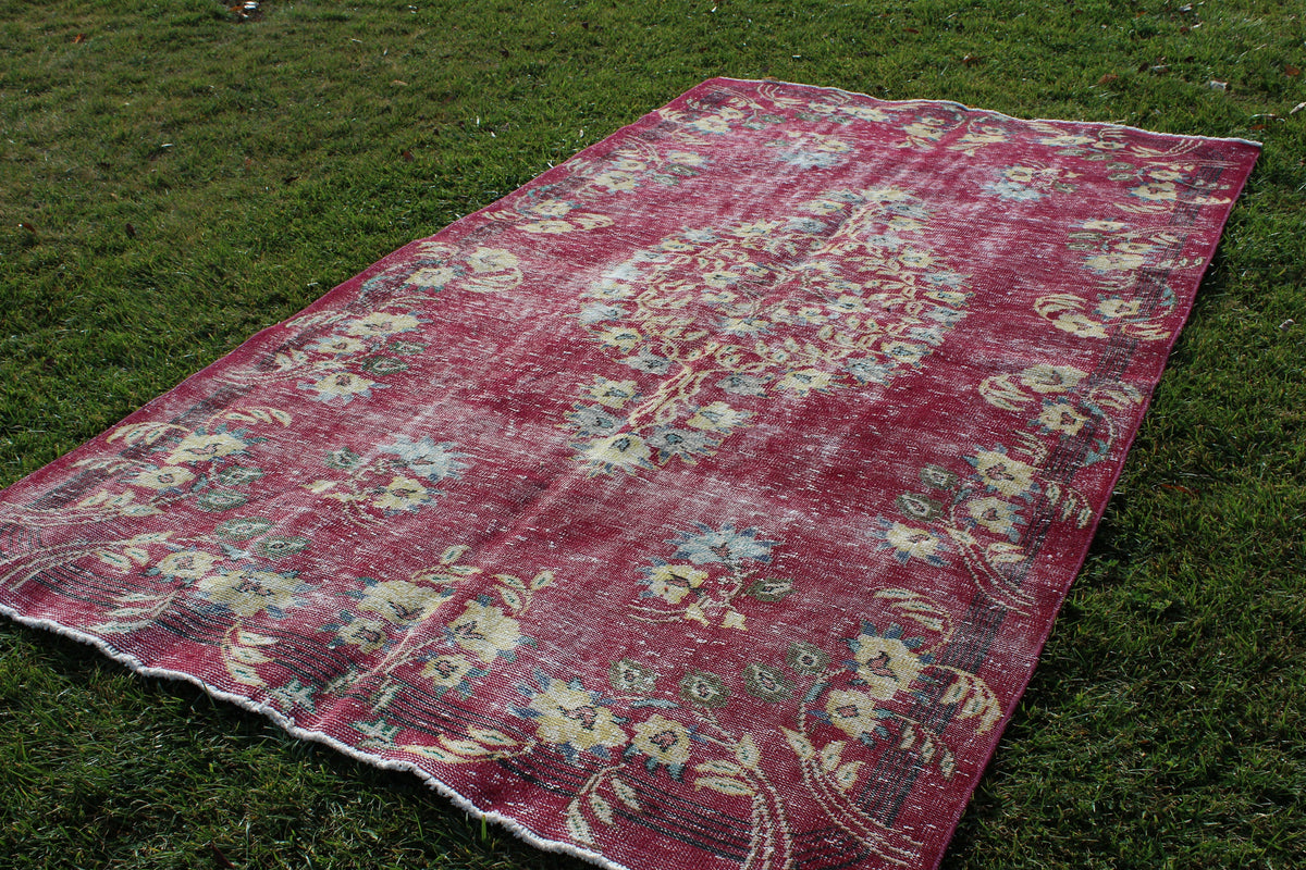Turkey Rug, Red Large Area Vintage Pile Rug,  Ethnic 6x10 Oushak Faded Oushak Rug,  5.5 x 10  Feet AG953
