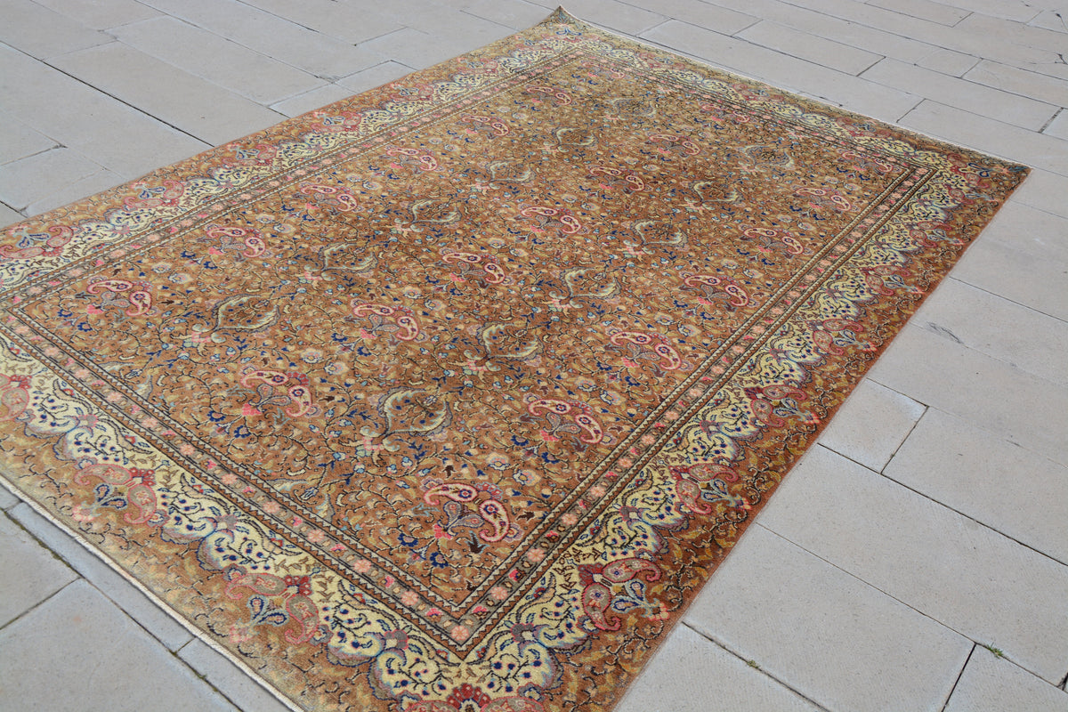 Turkey Rug, Floral Turkish Rug, Oriental Rug Carpet, Bordered Rug, Vintage Rug 6x9,  Turkish Brown  Rug,         6.3 x 9.5  Feet AG1017