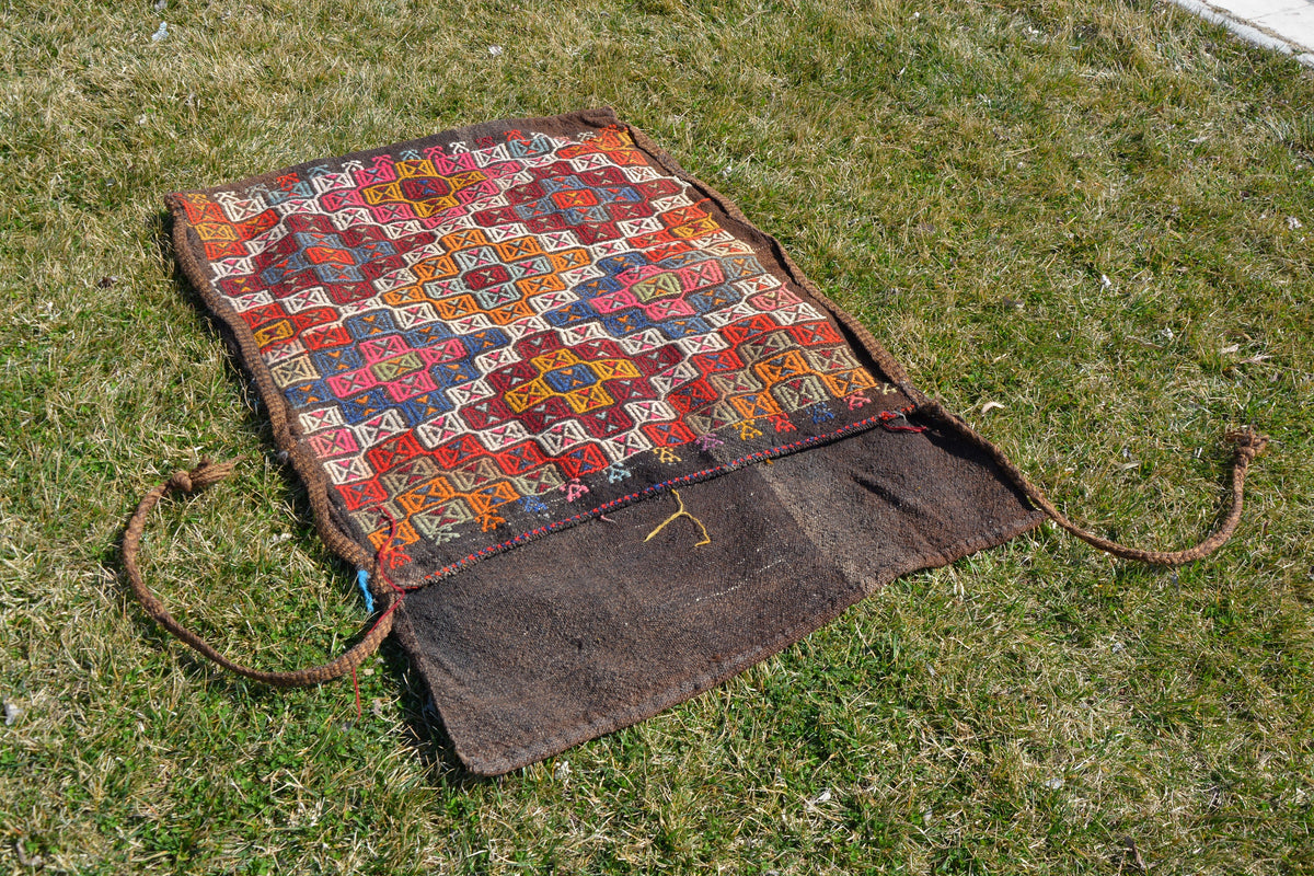 Turkish Kilim Storage Bag, Nomadic Sack, Handmade Kilim Sack, Turkish Kilim Rug, Turkish Chuval,        3.2 x 4.7 Feet AG1165