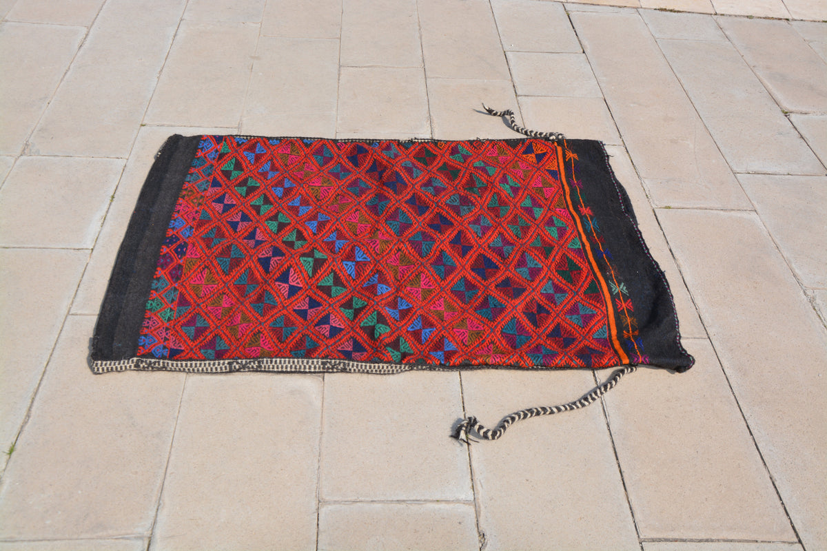 Antique Kilim Sack, Handwoven Sack, Bohemian Kilim, Vintage Kilim, Embroidered Bag,                    3.1 x 4.4 Feet AG1201