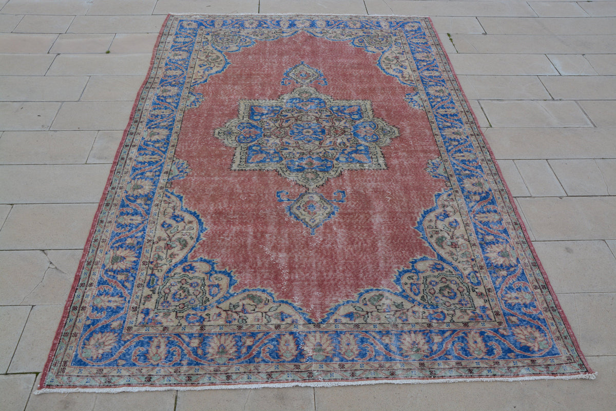 Oriental Rug, Turkish Antique Rugs , Blue and Red Oriental Rug, Rare Turkish Carpets, Beach Rug,    6.8 x 10.1 Feet AG1178
