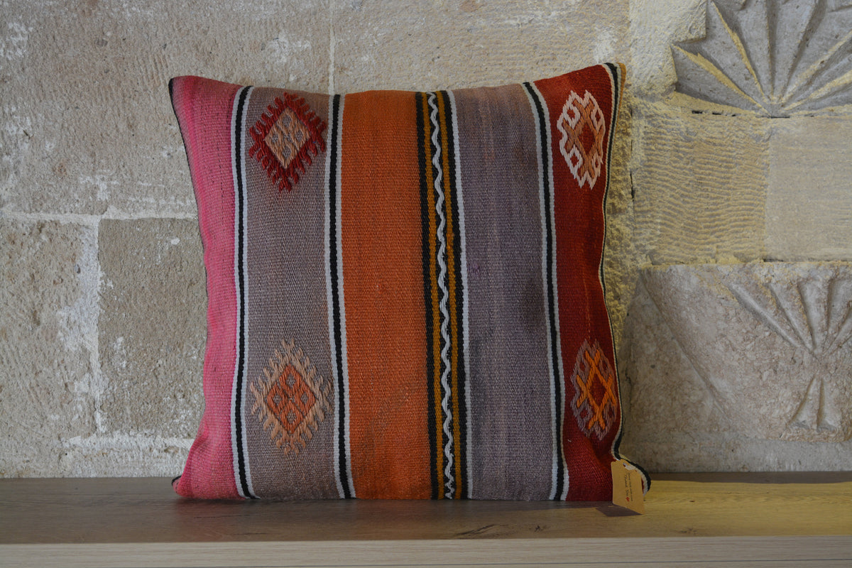 Floor Cushion Cover, Orange Kilim Pillow, Turkish Kilim Cover, Vintage Kilim, Pillow Cushion, Boho Cushion,         16”x16” - EA110