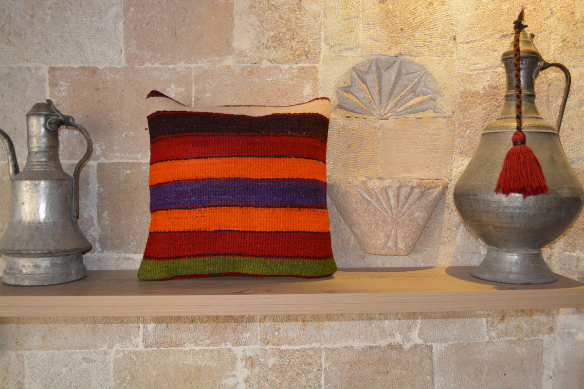 Cushion Cover, Bohemian Pillow, Decorative Pillow, Kilim Pillows, Handmade Pillow, Vintage Kilim Pillow,           16”x16” - EA155