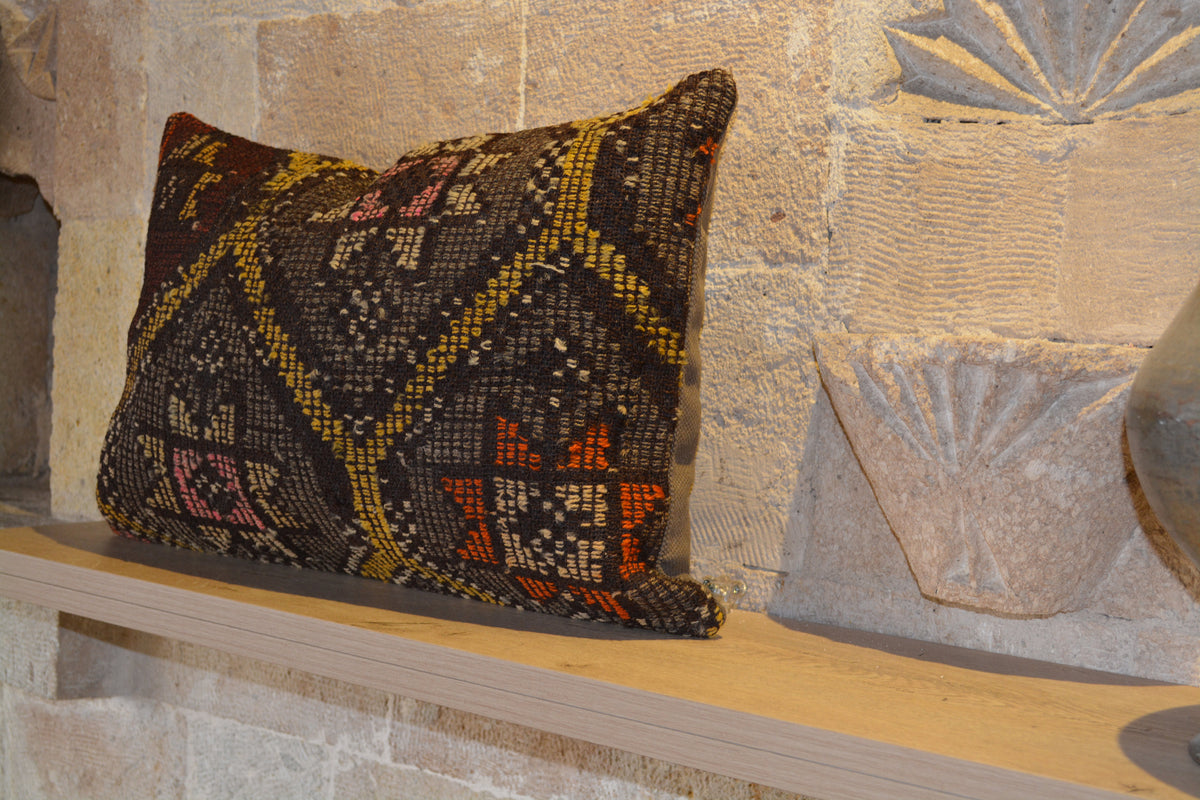 Minimalist  Multicolor Kilim Cushion, Moroccan Kilim Cushion, Dark Cushion, Handmade Cushion ,            16”x24” - EA236