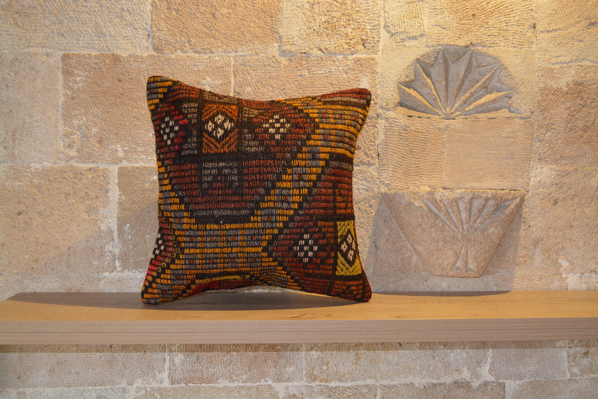 Wool Pillow, Boho Pillow Cover, 16x16 inches Pillow Cover, Kilim Pillow 40x40, Anatolian Kilim, Wool Pillow Cover,      16”x16”- EA453
