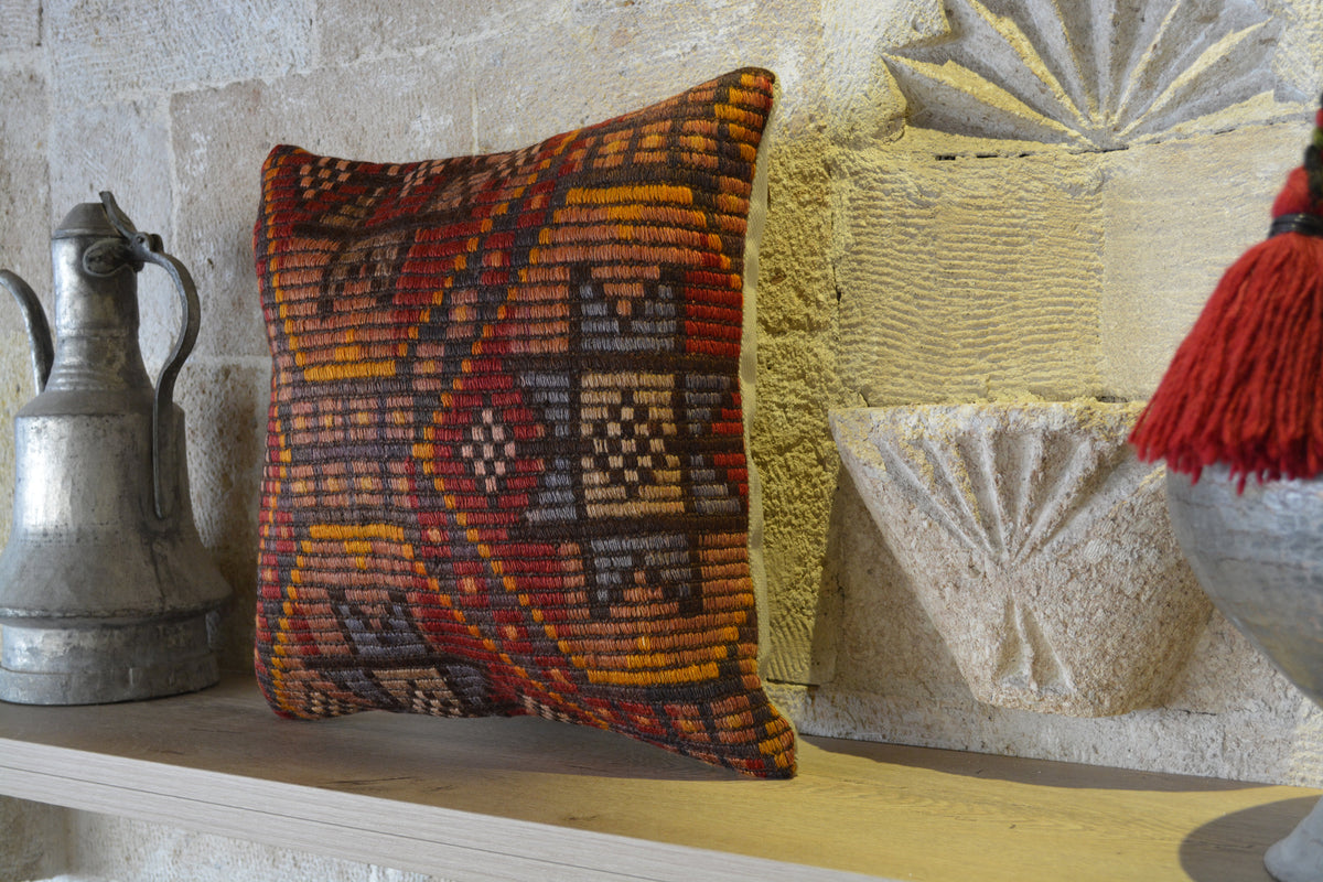 Colourful Pillow, Embroidery Pillow, Wool Pillow, Tapestry Pillow, Pale Kilim Pillow, Turkish Rug Pillow,      16”x16” - EA141