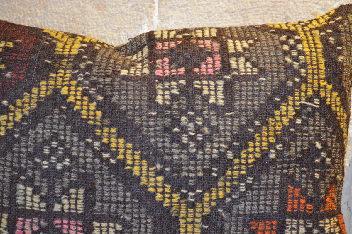 Minimalist  Multicolor Kilim Cushion, Moroccan Kilim Cushion, Dark Cushion, Handmade Cushion ,            16”x24” - EA236
