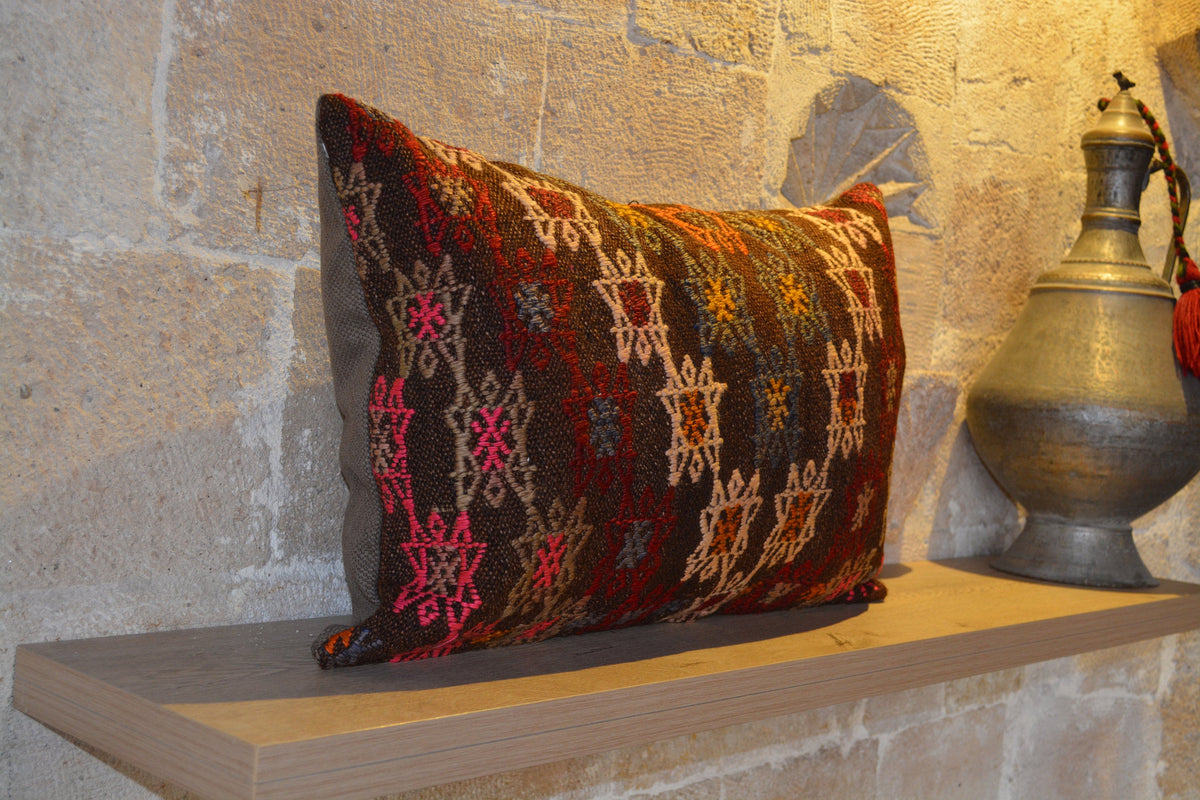 Turkish Carpet Vintage Pillow Cushion, Red Carpet Turkish, Navajo Cushion, Soumak  Hand Knotted Cushion,         16”x24” - EA258