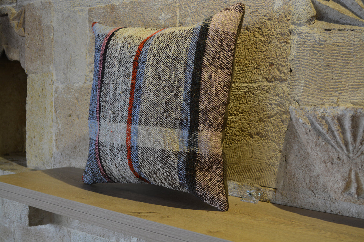 Kilim Pattern Pillow Case, Berber Cushion, Cushion Large, Blue Cushion, Kilim Pillowcase, Wool Cushion,      16”x16”- EA417