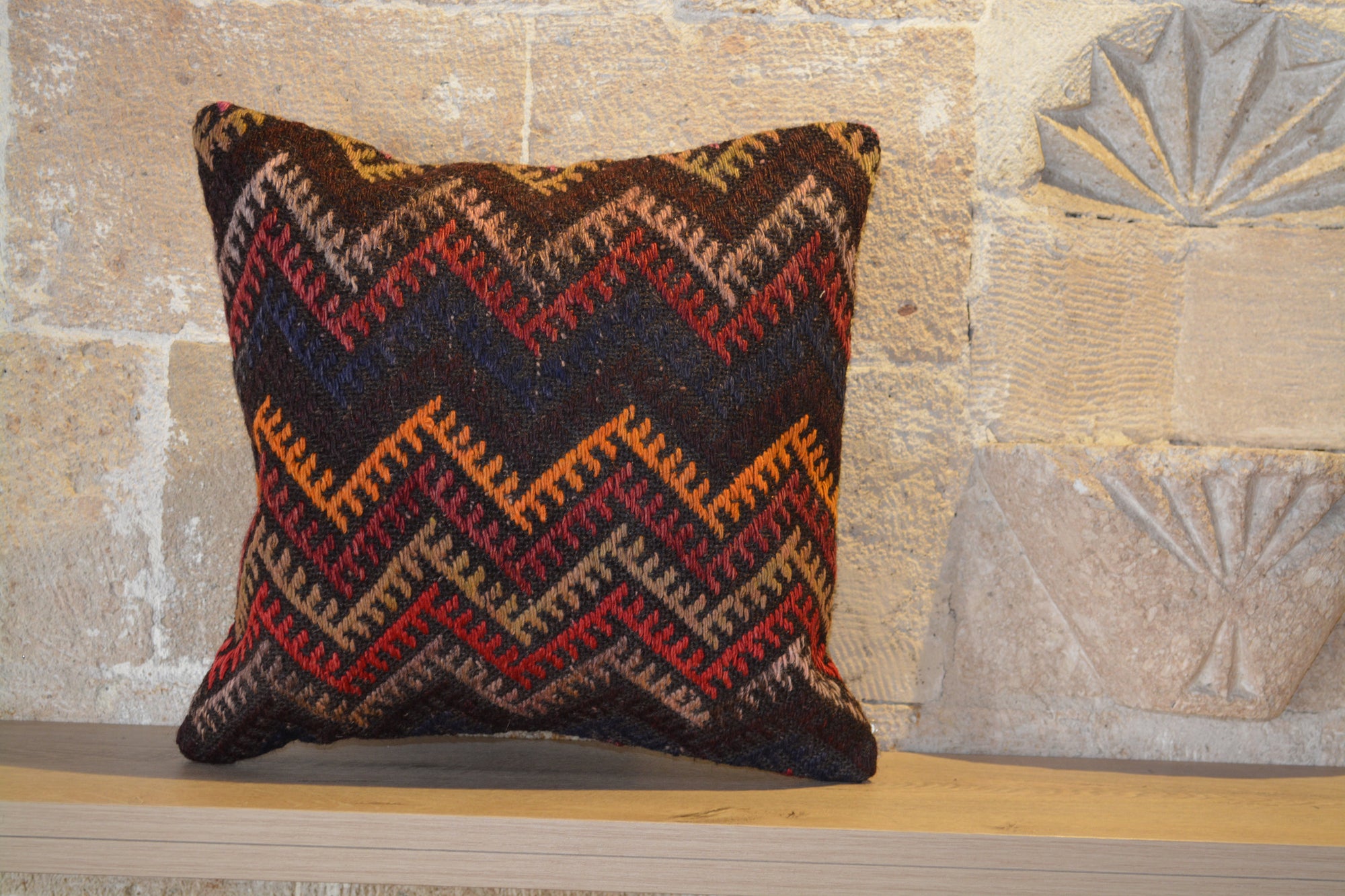 40x40 Kilim Pillow, Anatolian Cushion, Geometric Cushion Kilim, Stripe Kilim Pillow, Patchwork Cushion, Pom Pom Cushion,    16”x16”- EA421