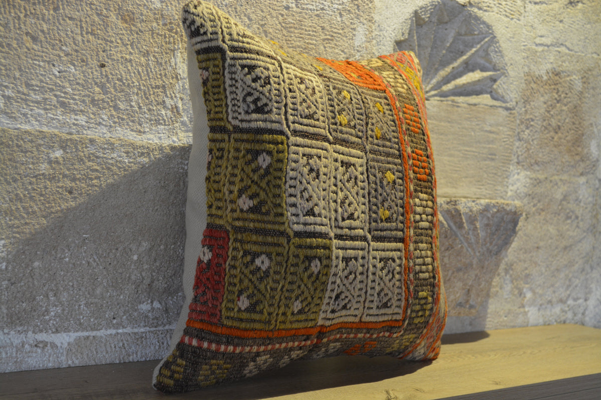 Boho Pillow Cover, 40x40 Pillow Cover, Kilim Pillow 16x16 inches, Anatolian Kilim, Wool Pillow Cover, Home Decor Pillow,      16”x16”- EA475