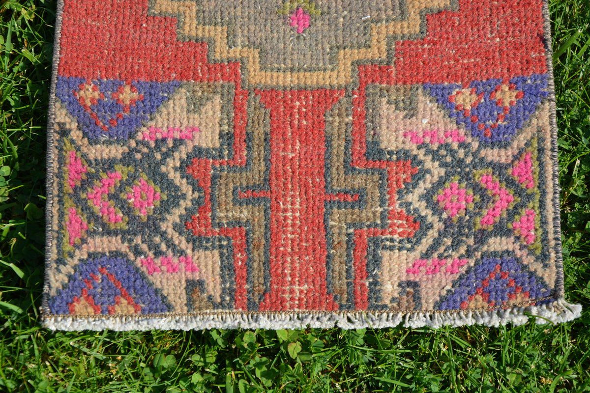 Turkish Rug, Turkish Oushak Rug,  Small Tribal Oriental Rugs, 1x3 Rug, Red Oushak Rug, Berber Rug,               1.3 x 2.8 Feet AG1407