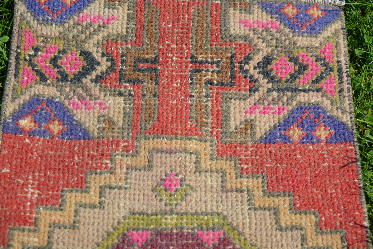 Turkish Rug, Turkish Oushak Rug,  Small Tribal Oriental Rugs, 1x3 Rug, Red Oushak Rug, Berber Rug,               1.3 x 2.8 Feet AG1407