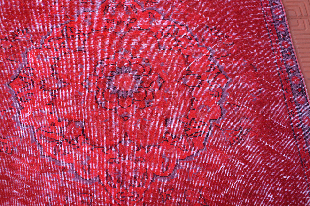 Red Overdyed Rug, Bright Color Rug Turkish,  Colored Vintage Rug, Oushak Rug, Vintage Rug,        4.3 x 9.6 Feet AG1498