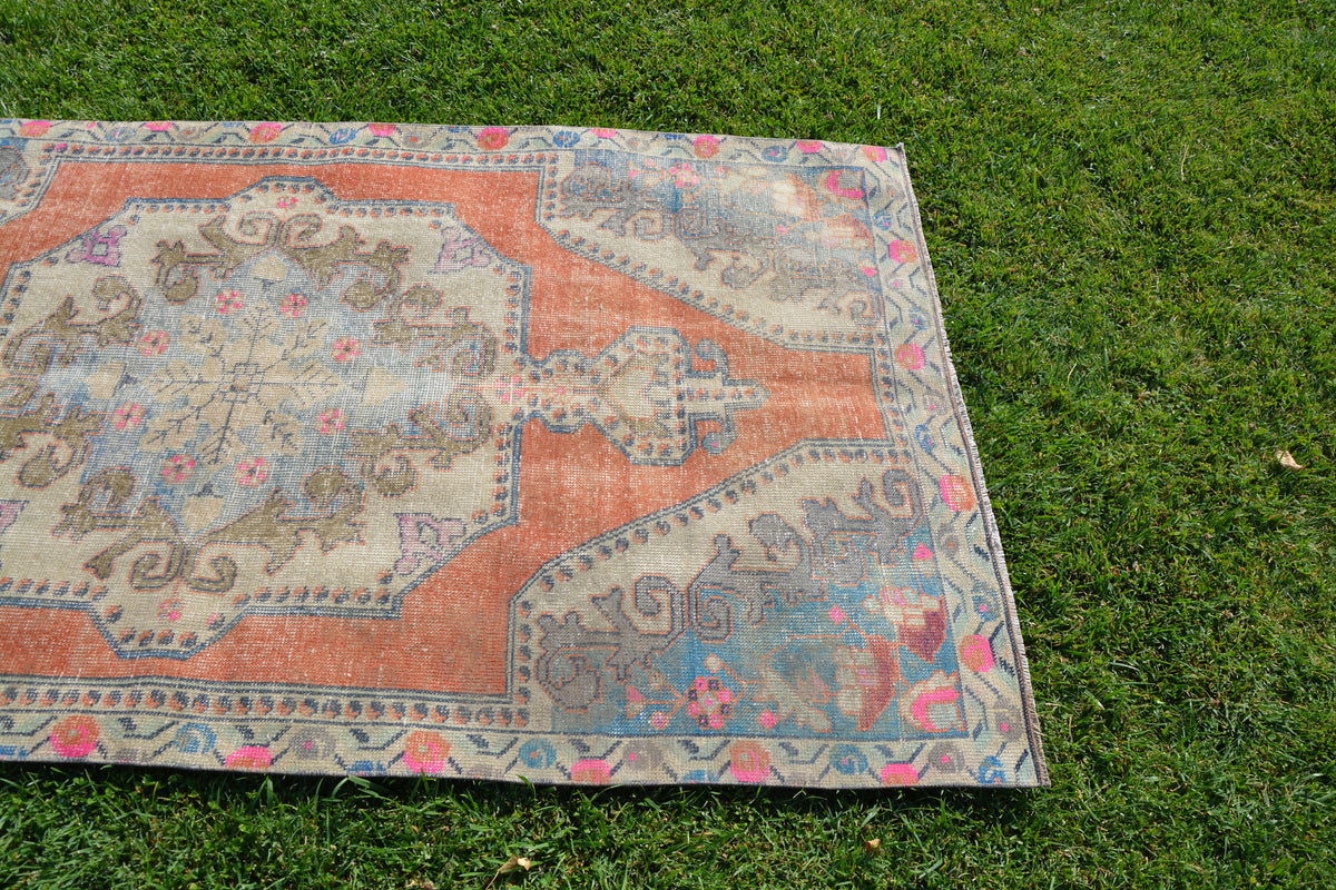 Turkey Vintage Carpet, Distressed Rug, Persian Style Rug, Turkish Oushak Rug, Turkish Vintage Unique Vintage  Rug,  4.1 x 7.3 Feet AG1360