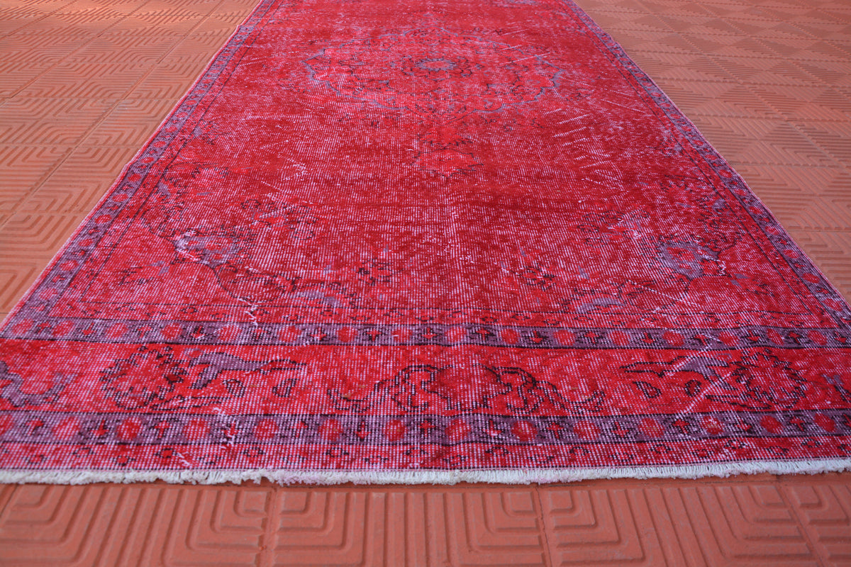 Red Overdyed Rug, Bright Color Rug Turkish,  Colored Vintage Rug, Oushak Rug, Vintage Rug,        4.3 x 9.6 Feet AG1498