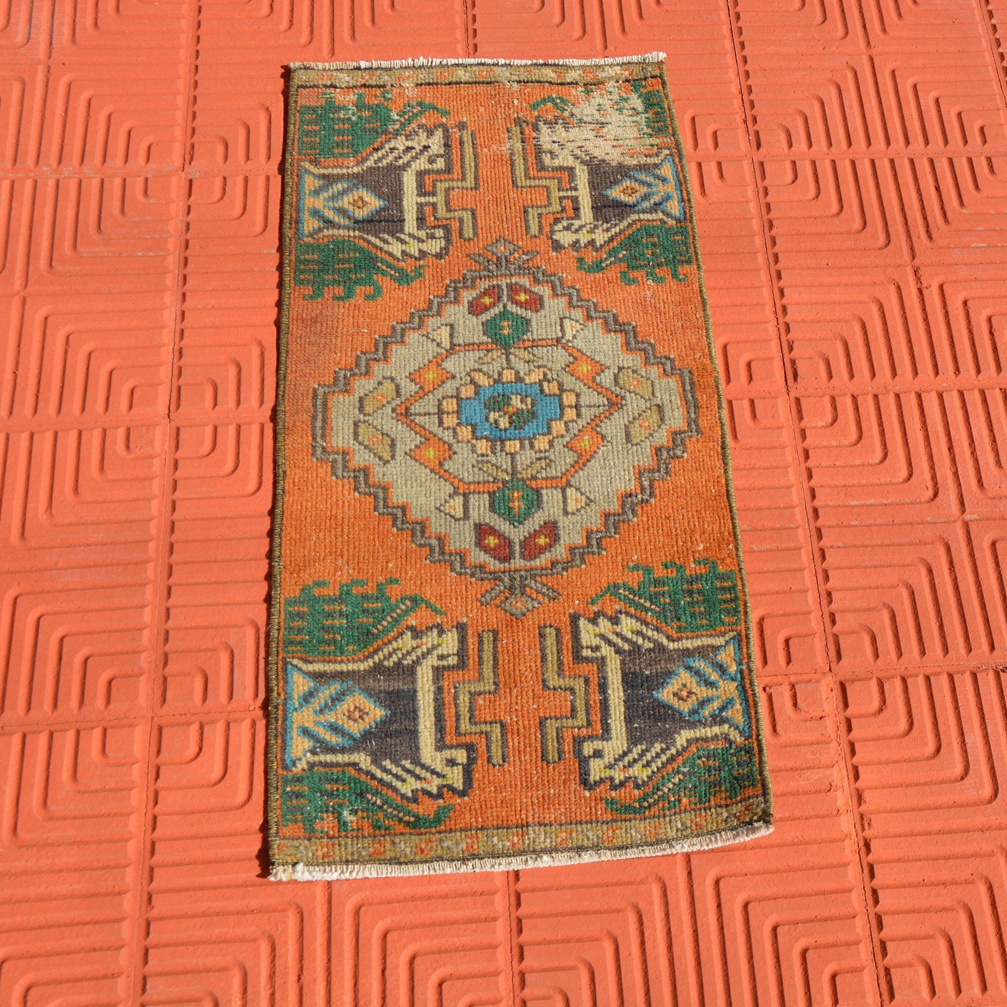 Small Persian Style Oriental Rug, Kazak Rug, Small Blue Vintage Rug, Geometric Persian Style Vintage  Rug,           1.4 x 2.8 Feet AG1588