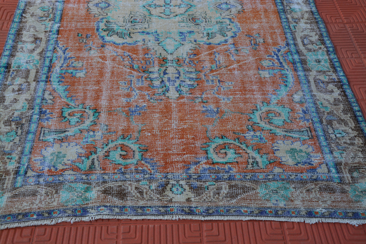 Large Wool Rug, Vintage Floral Rug, Vintage Turkish Rug, Vintage Boho Rug, Turkish Vintage Rug, Old Rug, Orange Rug,  6.2 x 8.9 Feet AG1678