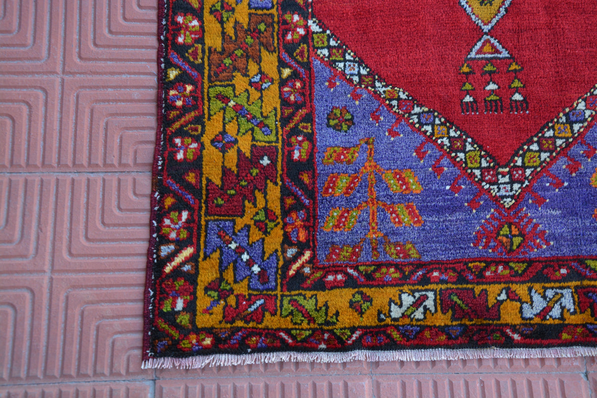 Small Vintage Rug, Small Oushak Rug, Vintage Wool Rug, Nomadic Rug, Turkish Rug Blue, Turkish Wool Rug, Red Rug,   3.3 x 5.3 Feet AG1810
