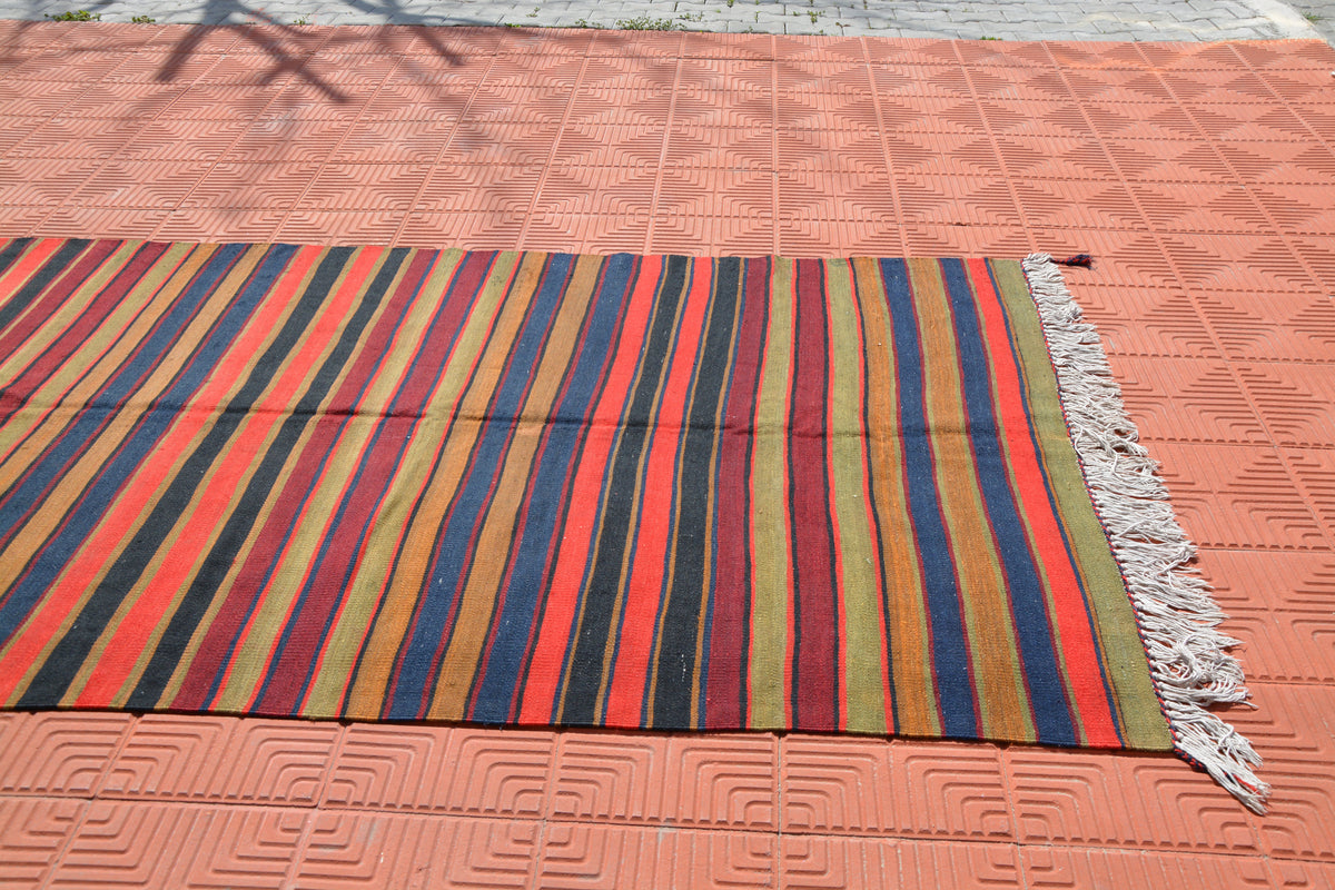 Striped Turkish Kilim, Area Rug, Bohemian Rug, Vintage Kilim Rug, Vintage Kilim, Handmade Rug, Tribal Rug, Oushak Rug,4.7 x 11.9 Feet AG1888