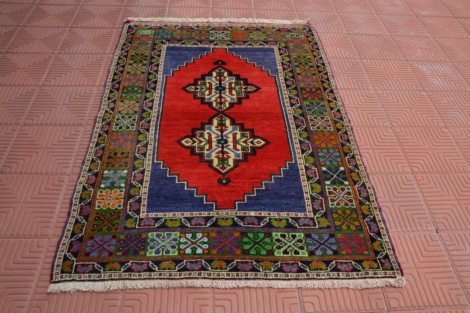 Red Turkish Small Rug, Vintage Persian Rug, Bath Mat Rug, Vintage Oriental Rug, Doormat Rug, Oriental Rug,  4.0 x 5.6 Feet AG1951