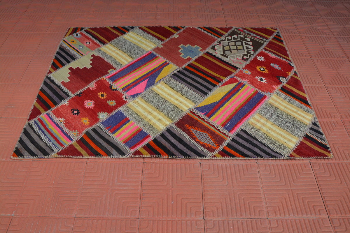 Patchwork Rug, Bedroom Rug, Geometric Rug, Oriental Rug, Oriental Carpet, Blue Rug, Pink Rug, Distressed Rug,   4.1 x 5.8 Feet AG1952