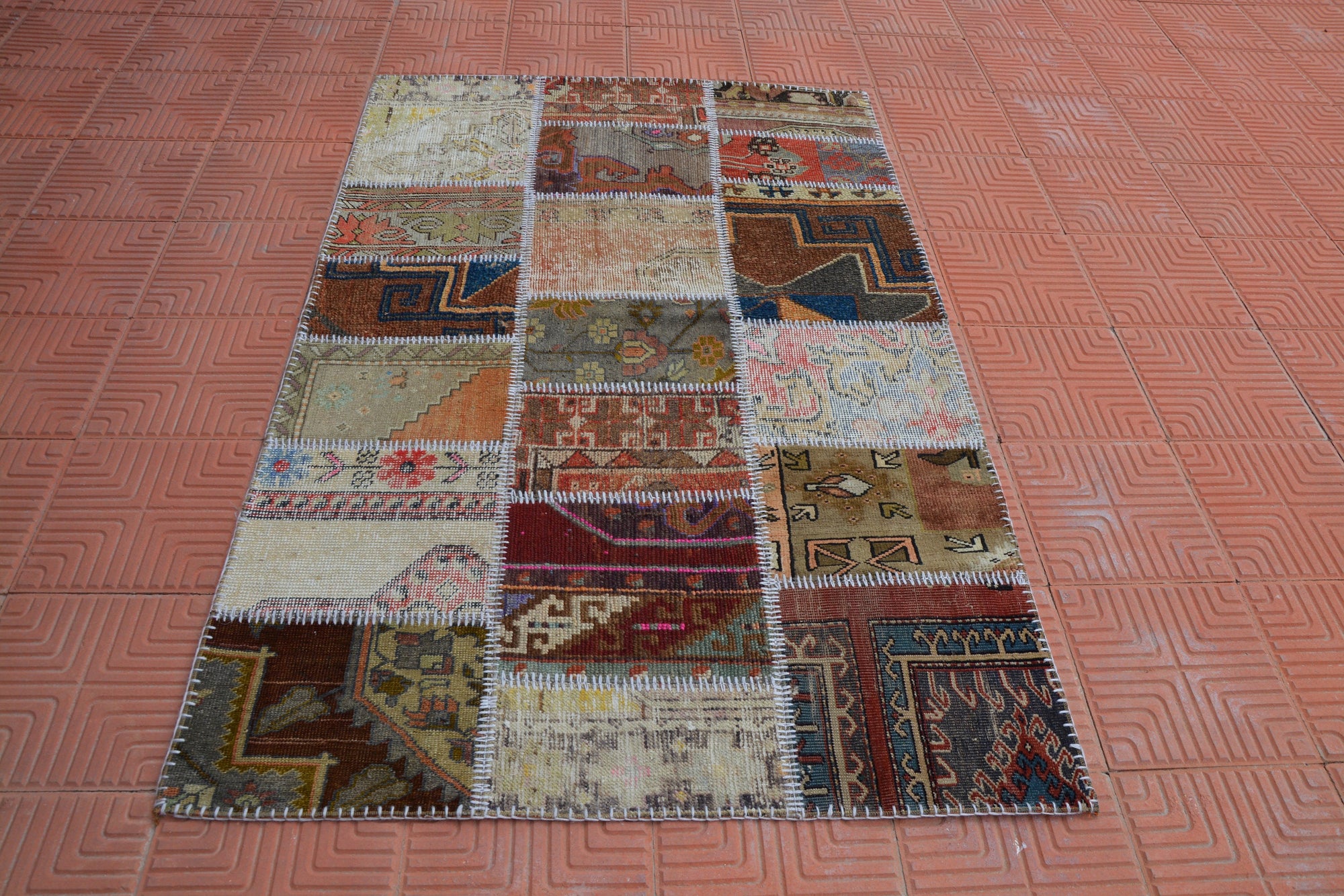Patchwork Minimalist Rug, 4x6 Living Room Rug, Persian Oriental Rug, Orange Rug, Area Rug 4x6, Natural Rug,     3.8 x 6.0 Feet AG1955