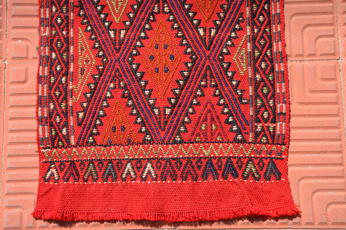 Aztec Rug, Turkish Kilim Rug, Red Rug, Oushak Runner Rug, Small Rug, Pastel Rug, Rugs For Home, Faded  Bohemian Rugs, 1.4 x 3.1 Feet AG1858